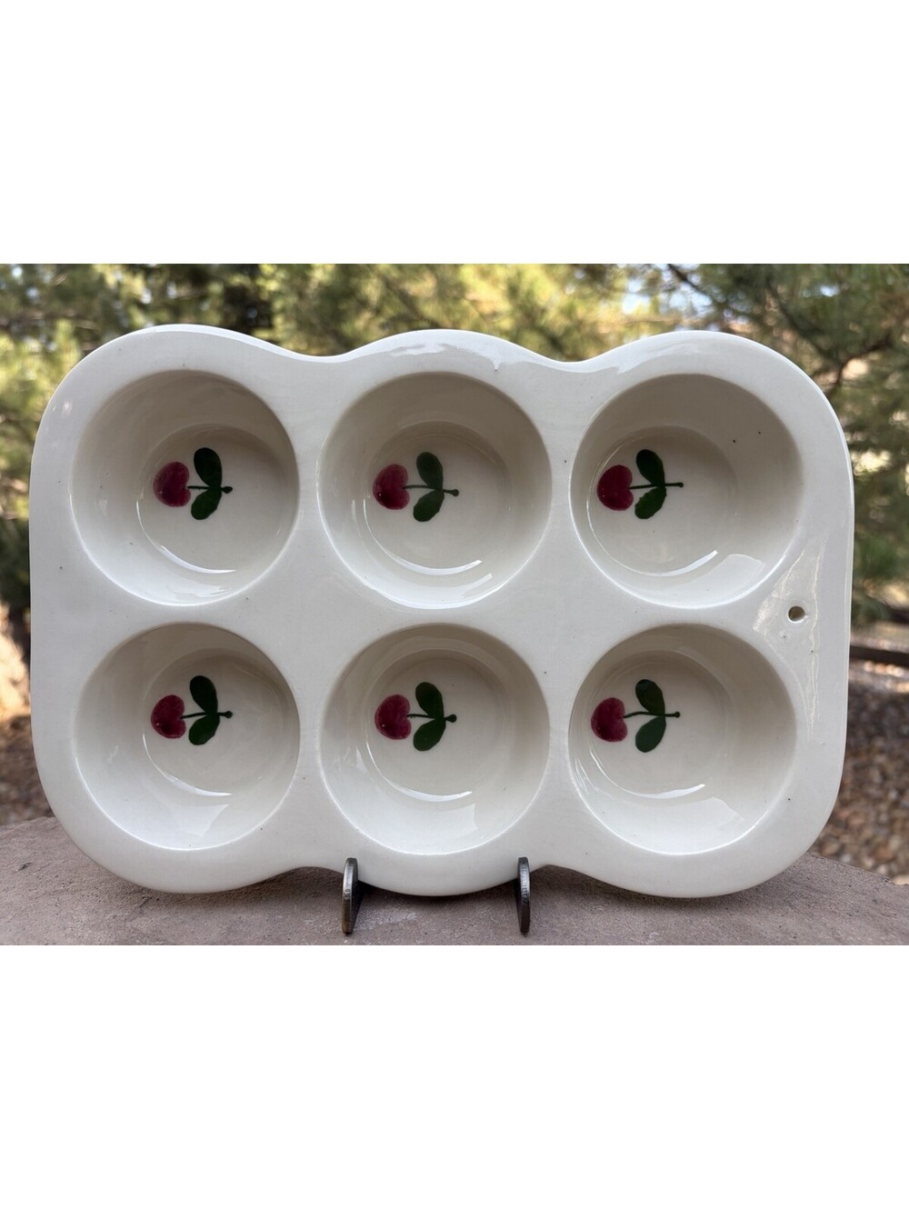 1980's Hartstone Pottery Muffin Pan ~ 6‑Cup Cherry/Apple Design Stoneware ~ EUC